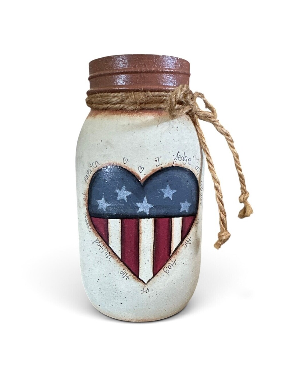 Primitive Americana Patriotic Mason Jar Vase Flag Heart Stars Folk Art 7"